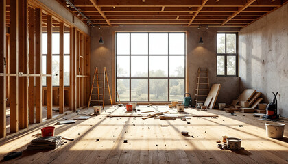 Renovation project in progress with wooden beams and tools scattered across the unfinished room
