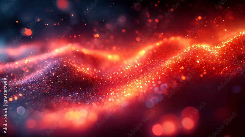 Poster abstract, glowing red particles in a dark background, creating a dynamic wave-like pattern with a fu