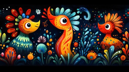 Fototapeta premium Three fantastical creatures, adorned with vibrant floral patterns, interact in a lush, colorful garden. The dark background enhances the artwork's whimsical charm.