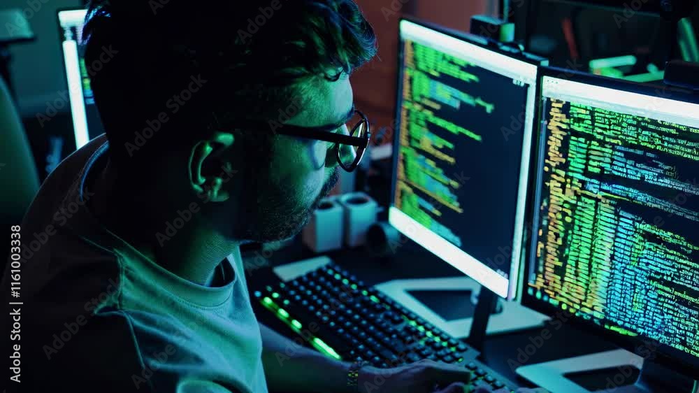 Poster Skilled programmer works late at night in tech workspace with multiple monitors displaying code