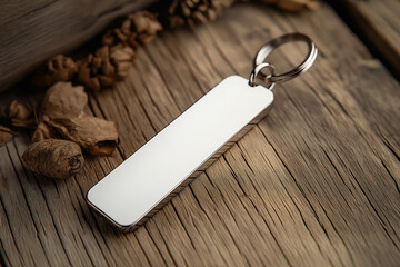 Simple keychain mockup displayed on a rustic wooden table with design possibilities