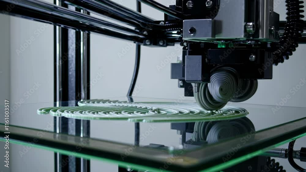 Poster 3D printing process showcasing intricate design creation on a glass surface