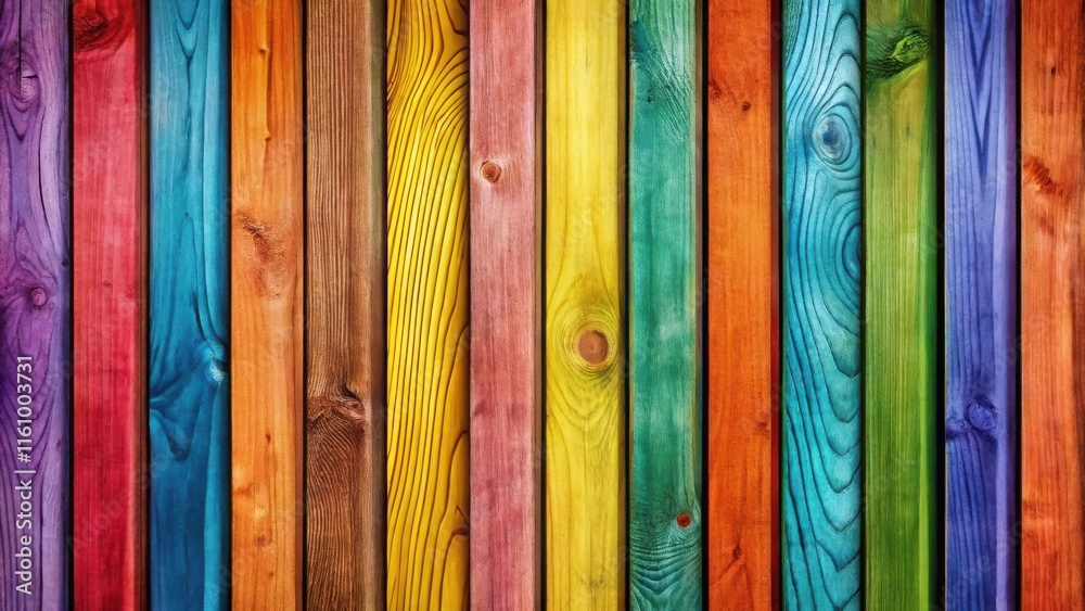 Poster strikingly vibrant wooden planks painted in an array of colors, creating a lively and textured backg