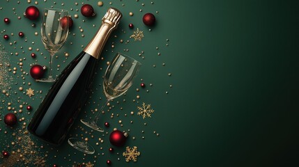 Champagne Bottle, Glass of Wine, and Red Ornaments on a Dark Green Christmas and New Year Background, Flat Lay Top-Down View Perfect for Party Invitations and Greeting Cards.