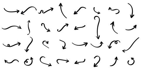 Set of black hand drawn arrow element vector. Collection of doodle arrows, lines, symbol, pointing mark, shapes on white background. Simple icon illustration for education, decoration, map. EPS 10