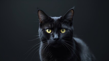 A black cat with yellow eyes on a black background