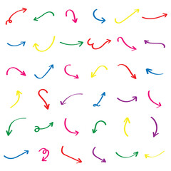 Hand drawn colorful vector doodle arrow set collection on white background.