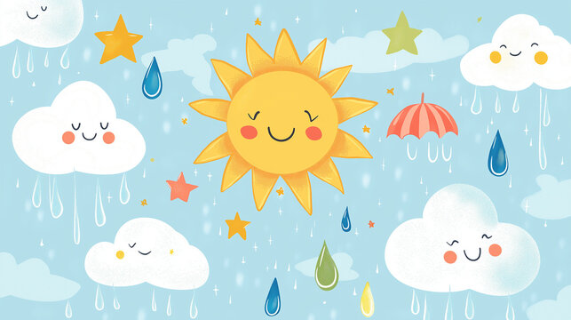 Fr&ouml;hliche Wetterillustration: Sonne, Wolken und Regen in bunten Farben

