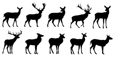Set of elk animal silhouettes on transparent background