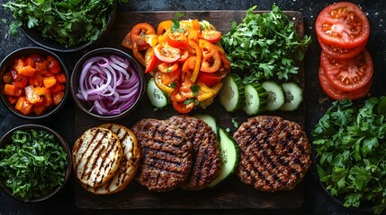 Fototapeta premium Overhead view of fresh burger ingredients prepared for assembly. Juicy patties, vibrant veggies, and toasted buns.