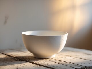 Elegant white bowl resting on wooden table illuminated by soft afternoon light