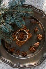 spices on a metal dish background
