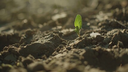 A single green sprout growing from cracked dry earth, representing resilience, new life, and hope in challenging conditions. Symbol of growth and renewal in nature.
