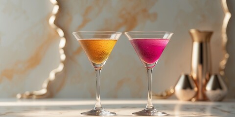 Elegant martini glasses filled with colorful beverages in a luxurious setting