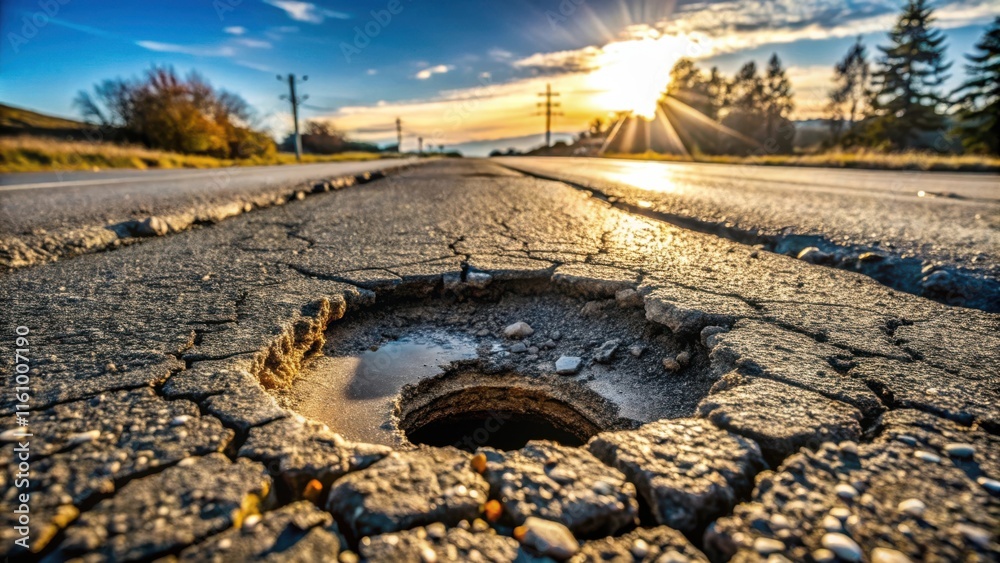 Poster a large pothole in the road with a patch of water reflecting the setting sun