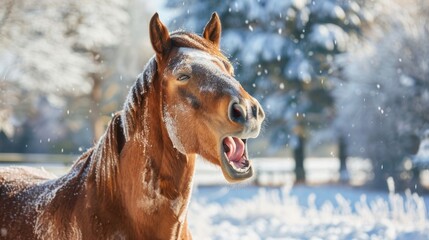 Obraz premium Brown horse yawns with snow falling in winter.