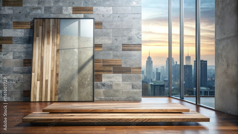 Poster modern interior design featuring a wooden platform and a large window with a city skyline view