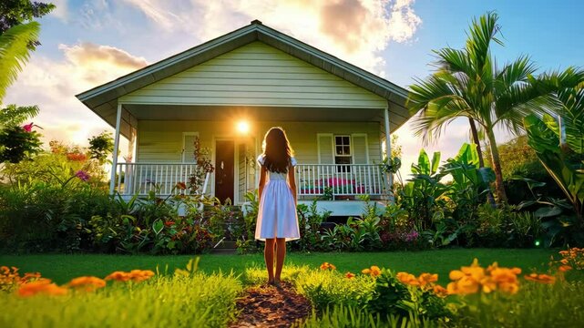 Sunlit morning bliss: woman embracing nature in vibrant garden