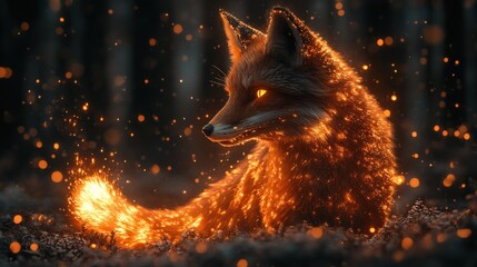 A glowing fox surrounded by sparks in a mystical forest setting.