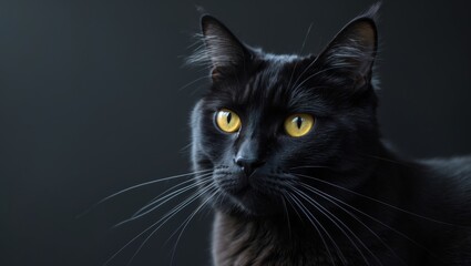 Fototapeta premium A black cat with yellow eyes on a black background