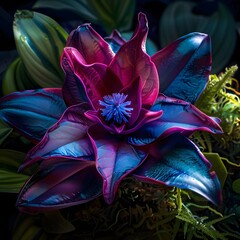Fototapeta premium Glowing Blue and Magenta Bioluminescent Petals in Nature