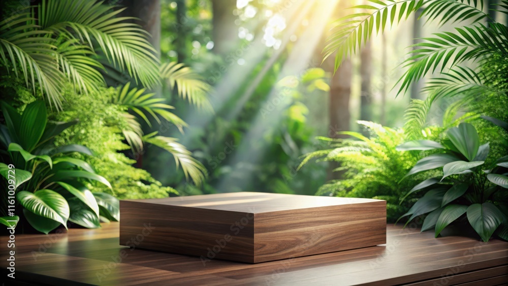 Poster wooden platform in a lush green forest with rays of sunlight filtering through the canopy