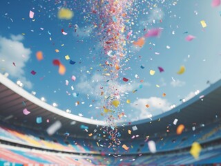 Football stadium background with flying confetti