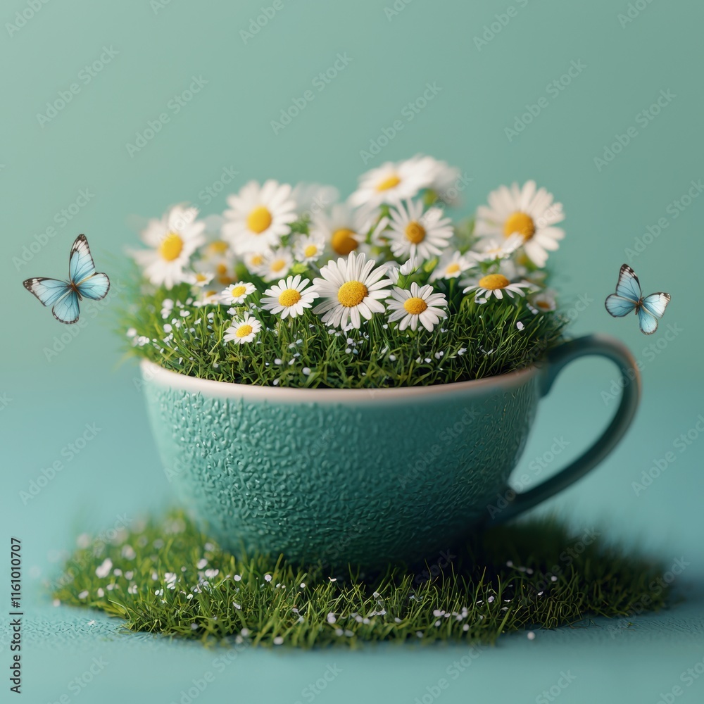 Wall mural Vibrant Teacup Filled with Daisies and Butterflies on Grass Surface