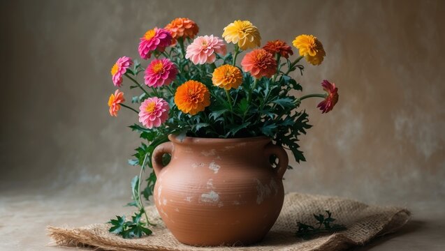 A rustic terracotta flower vase with vibrant zinnias and greenery on a burlap mat