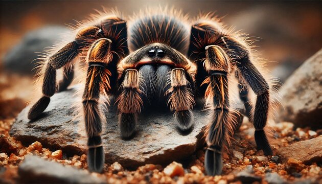 A close-up of a tarantula on a rocky surface, highlighting its hairy legs and intense gaze.