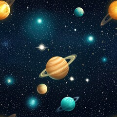 seamless pattern design Colorful planets floating in deep space scenery.