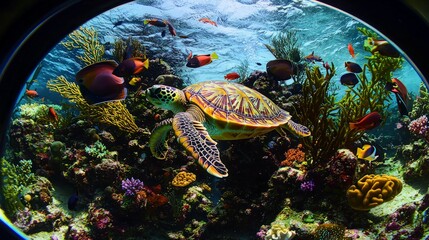 Fototapeta premium Sea turtle swimming amidst vibrant coral reef and colorful fish.