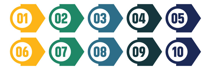 Colorful bullet point number collection. Set of one to ten line style bullet point numbers. Number infographic bullet points 1 to 10 vector.