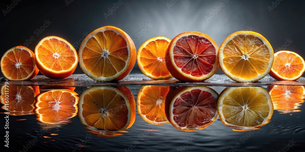 Poster A row of vibrant orange slices, illuminated by a soft light, reflecting on a dark, still surface, creating an ethereal and captivating scene.