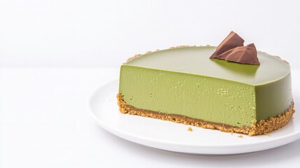 Slice of matcha cheesecake on a white plate.