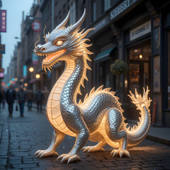 Obraz premium Majestic Silver Dragon Statue in a City Street