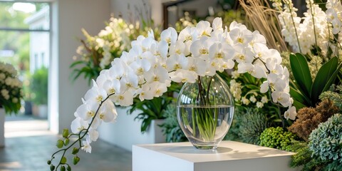 Florist presents stunning cascading bouquet of white orchids in vibrant flower shop setting