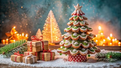Obraz premium Gingerbread Christmas Tree Decorated with Green Icing and Sugar Snow Surrounded by Presents and Candlelight
