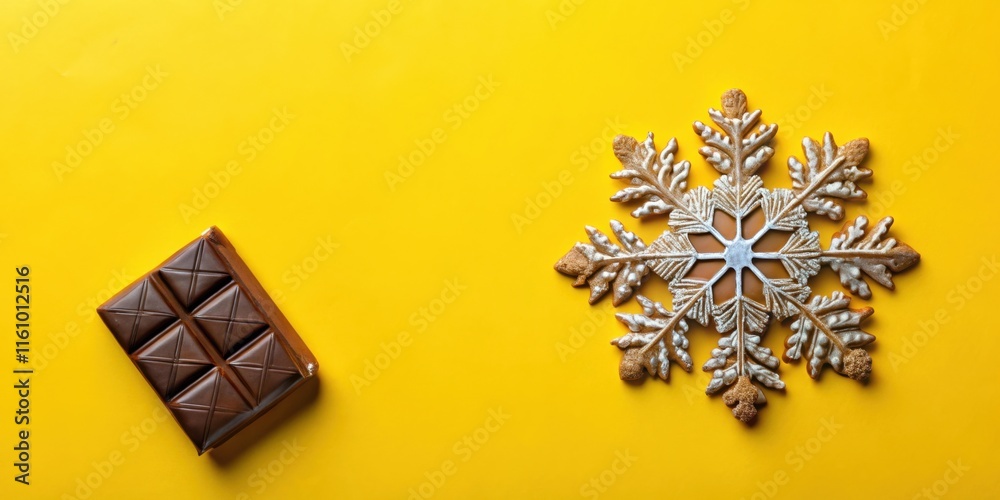 Poster A single piece of chocolate on a vibrant yellow background with a festive snowflake cookie, creating a simple but beautiful visual contrast.