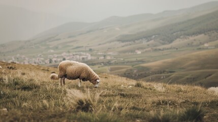 Obraz premium Sheep grazing on a mountain meadow overlooking a valley.