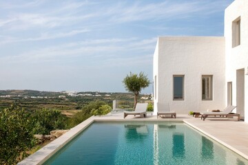 Fototapeta premium Elegant Villa with Pool Overlooking Scenic Landscape in Daylight