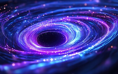 A vibrant, swirling vortex of glowing purple and blue lights, resembling a cosmic galaxy or black hole in a futuristic design.
