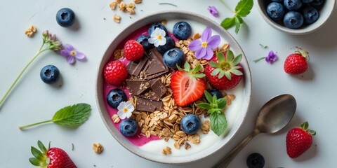 Colorful breakfast bowl with yogurt granola chocolate and assorted berries garnished with flowers and mint leaves top view
