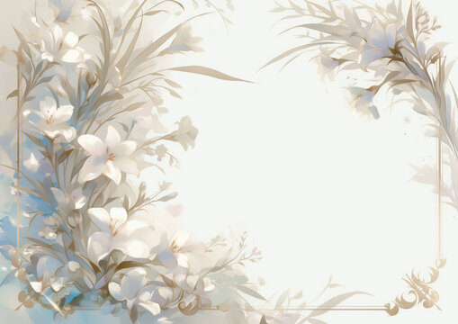 Composici&oacute;n floral en tonos claros con flores blancas celestes y marco ornamental o borde rectangular, ideal para invitaciones o dise&ntilde;os elegantes, fondo de texto de poes&iacute;a, frase del d&iacute;a, mensaje.
