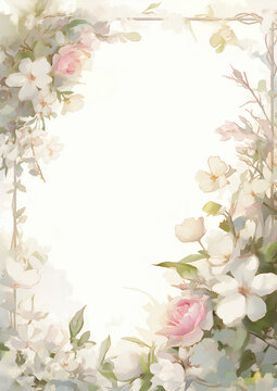 Composici&oacute;n floral en tonos pastel claros con flores de color blanco rosas suave y marco o borde ornamental, ideal para invitaciones o dise&ntilde;os elegantes, fondo texto poes&iacute;a, frase del d&iacute;a, motivaci&oacute;n