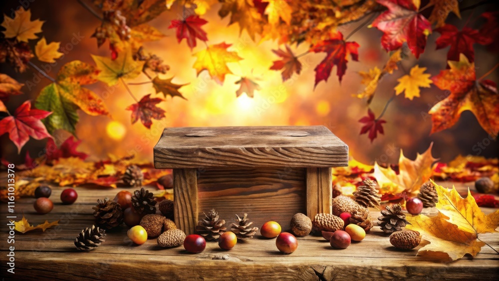 Poster rustic wooden platform surrounded by autumnal elements and fallen leaves in a warm golden glow
