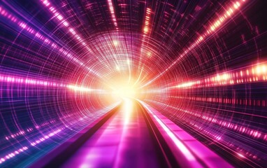 Obraz premium Cyber neon tunnel. Futuristic interface pattern. Glowing high technology texture. Abstract motion background. Cyber punk concept