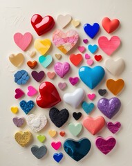Obraz premium Colorful Heart Shapes in Various Sizes and Textures Arranged on a Light Background
