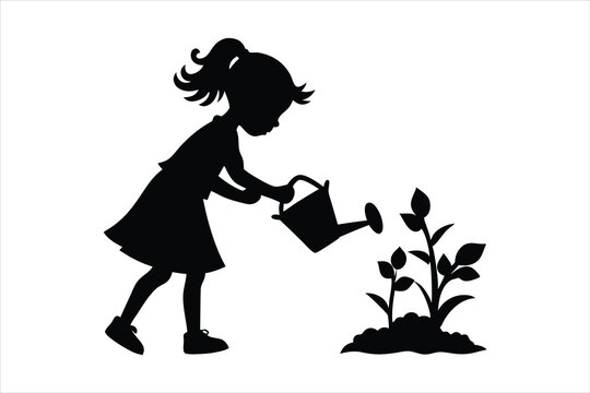recommend clip art:  a young girl watering a green plant in the garden Silhouettes 