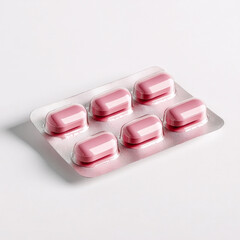 blister pack containing six pink pills with a clean, minimalistic design. The transparent packaging reflects light, highlighting the glossy surface of the pills against a white background